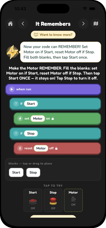 The It Remembers coding lesson: colored code blocks that set and reset a motor so it stays on.