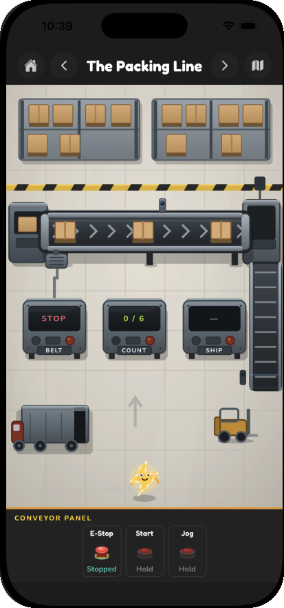 The Packing Line capstone: a conveyor moving boxes, a box counter, a truck and forklift, and Sparky.