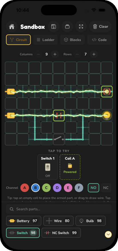 The Sandbox: a free-build grid with a battery, switch, and bulb, plus Circuit, Ladder, Blocks, and Code modes.